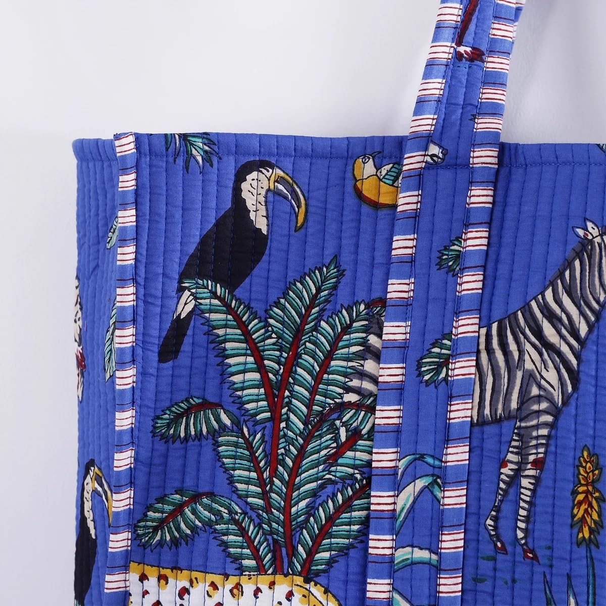 Pranipat Handicrafts Quilted Cotton Tiger Printed Pink Reversible Large Grocery Shopping Tote Bag - Versatile and Fashionable Tote for Shopping and Daily Essentials (Dark Blue-Regular)