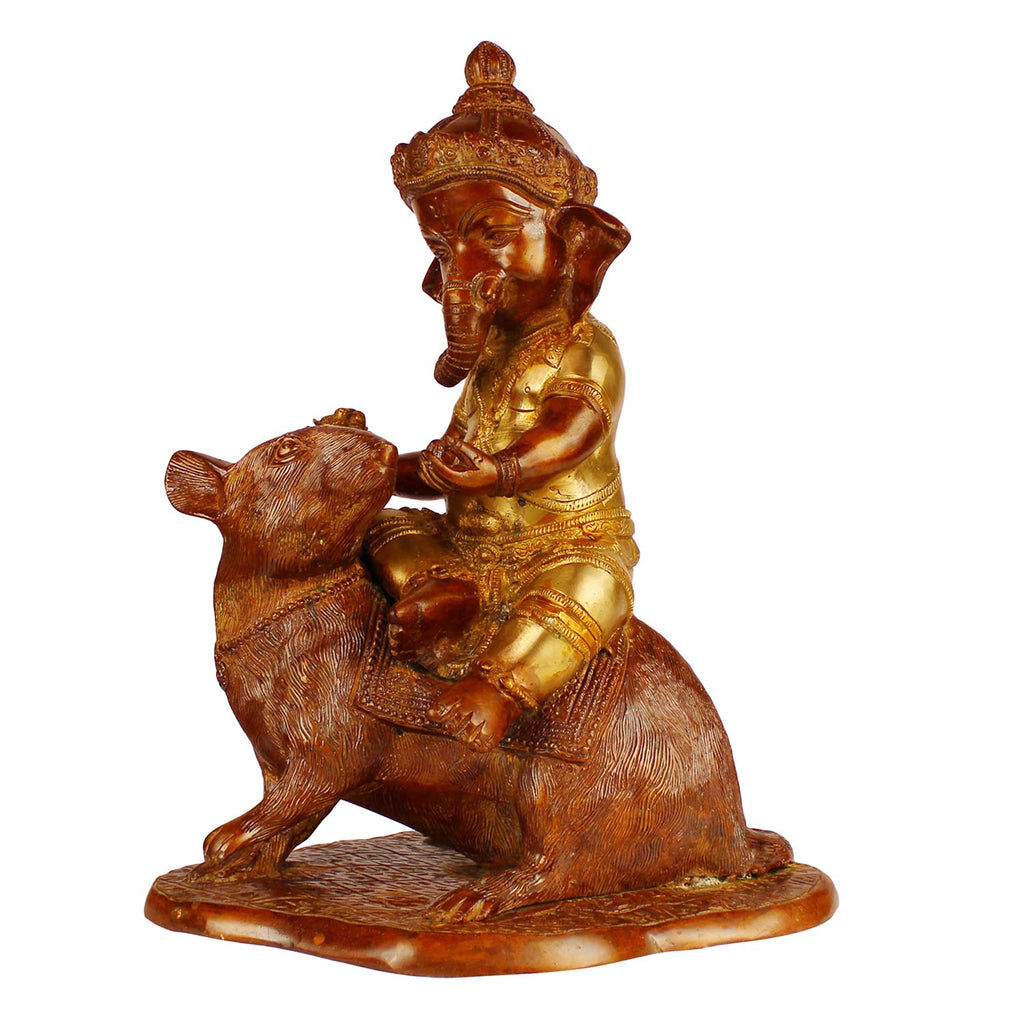 ARTVARKO Big Brass Ganesha Bhagwan Seated on Rat Idol Ganesha Mooshak Statue Ganpati Murti for Home Entrance Decor Luck Gift (Brown & Gold Finish14 Inches)