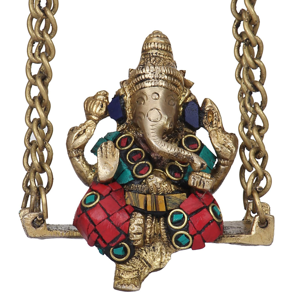 SVARUP Brass Ganesha on Jhoola Ganesh Swing Decor Showpiece Handcrafted Statue 8 Inch, Multicolor