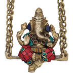SVARUP Brass Ganesha on Jhoola Ganesh Swing Decor Showpiece Handcrafted Statue 8 Inch, Multicolor