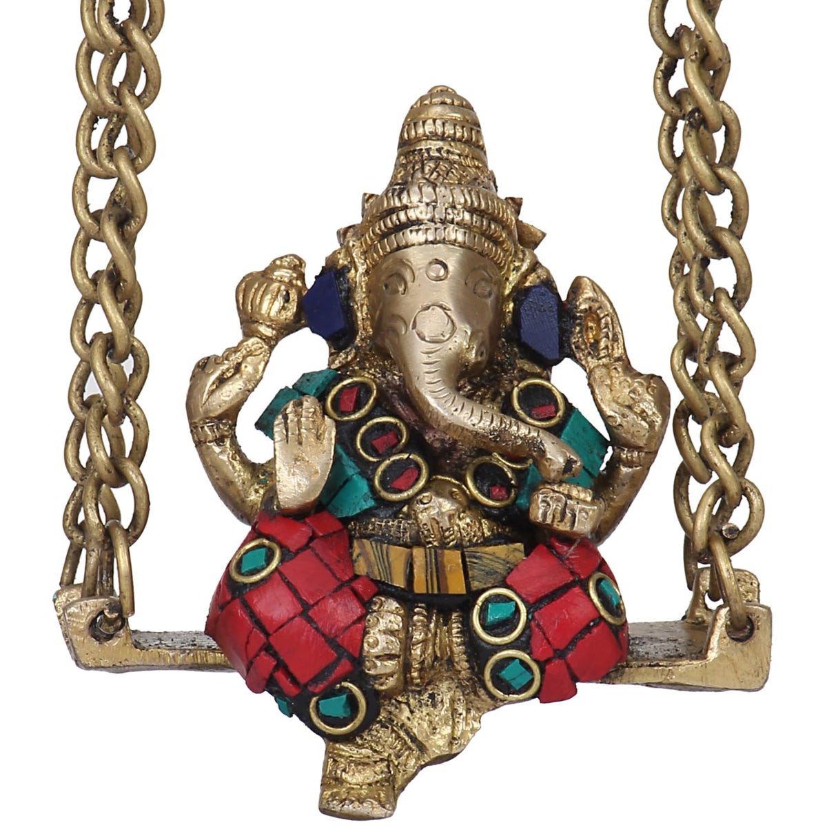 SVARUP Brass Ganesha on Jhoola Ganesh Swing Decor Showpiece Handcrafted Statue 8 Inch, Multicolor