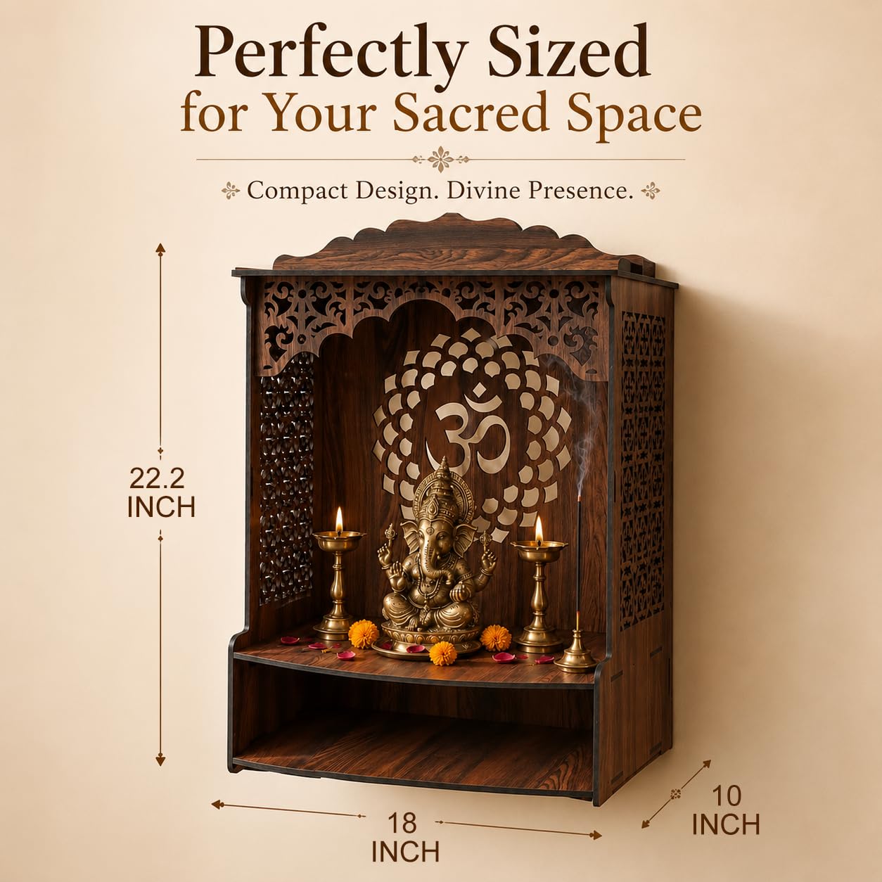 The Castle Decor Wooden Mandir for Home, Wall Hanging & Tabletop Pooja Temple with Om Cutwork Back Panel, Jali Side Panels, Open Storage Shelf, Pooja Room, Office, Hostel, 10x22.2x18 Inch