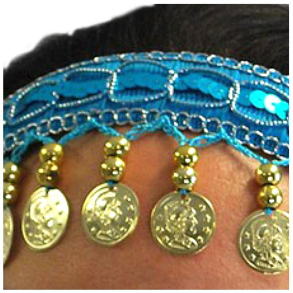 VRITRAZ Women's Velvet Belly Dance Hip Scarf Waistband Belt Colors Beads and Golded Coins (Blue, Pack of 3)
