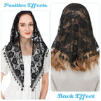 PALAY Triangle Lace Veil for Church, Black Mantilla Scarf Rose Tassel