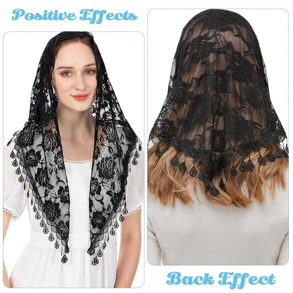 PALAY Triangle Lace Veil for Church, Black Mantilla Scarf Rose Tassel