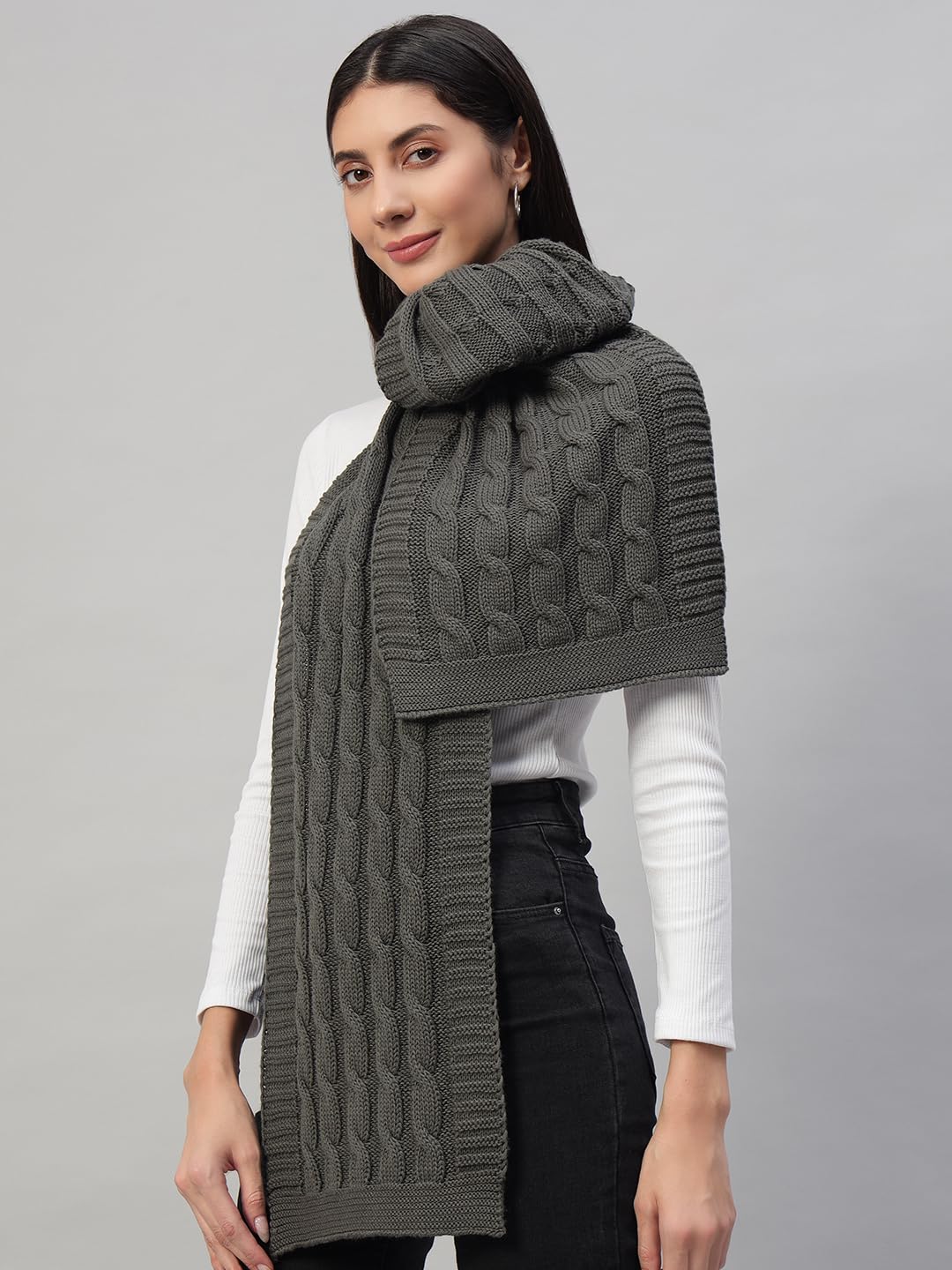 Ravaiyaa - Attitude is everything Reversible Wool Scarves Knitted Pattern Women Neck Wraps Muffler Winter Wool Scarf 65 x14 Inch (Grey)