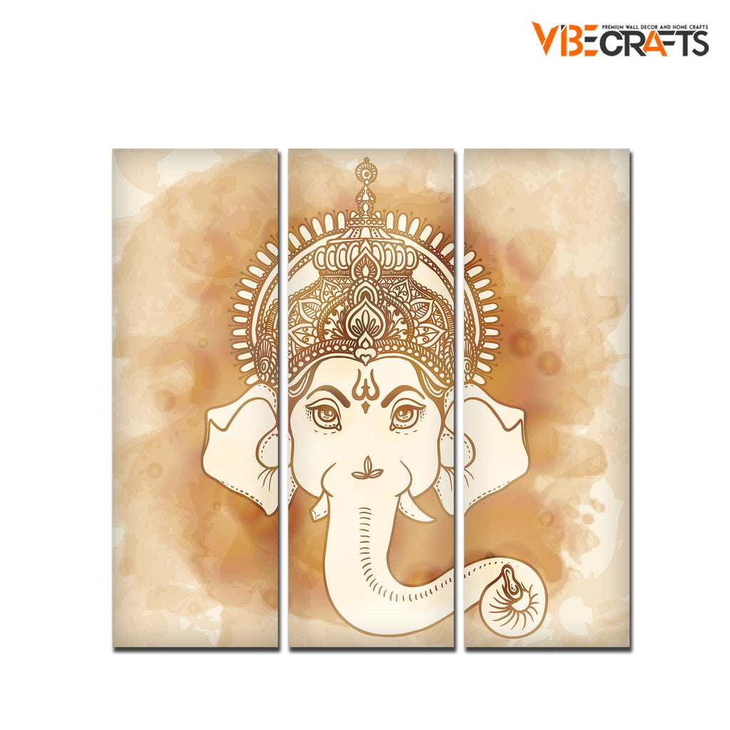 VIBECRAFTS 3 Pieces Beautiful Ganesha Face Canvas Wall Painting Fitted With Wooden Frame For Home | Office | Living Room | Gifts (PTVC3Pcs1_9556)
