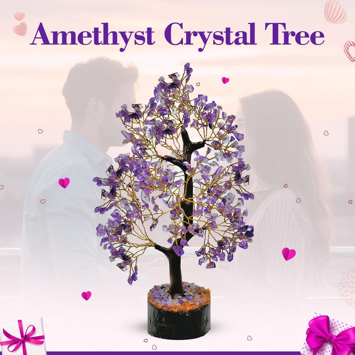 BHAGYA G Amethyst Crystal Tree - 200 Beads, Precious Gemstone Tree for Healing & Harmony, Handmade Gift for Home Décor, Meditation & Positive Energy