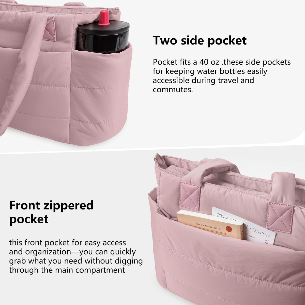 Tote Bag for Women Puffer Tote Bag Large Nurse Bags Shoulder Handbag with Zipper for Work Travel, Dark Pink, 16.3 x 6.3 x 12 inches
