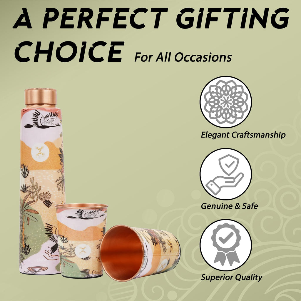 MERCAPE® Meena Print Pure Copper Water Bottle Gift Set with 2 Copper Glasses (300 ml Each) | Leak Resistant Copper Bottle | Decorative Printed Design | Reusable Metal Drinkware Set | 900 ml