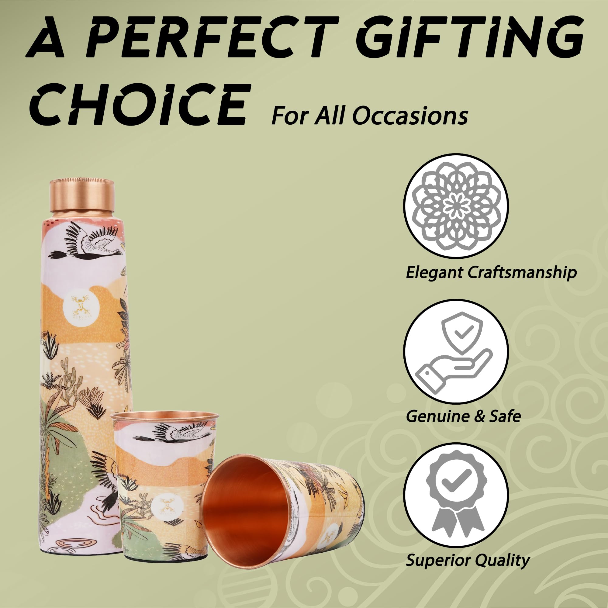 MERCAPE® Meena Print Pure Copper Water Bottle Gift Set with 2 Copper Glasses (300 ml Each) | Leak Resistant Copper Bottle | Decorative Printed Design | Reusable Metal Drinkware Set | 900 ml
