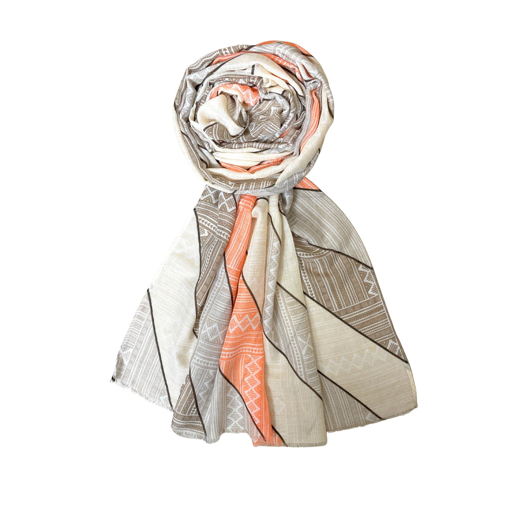FAHABO Digital Print Mal Mal Cotton Scarf for Women – Soft, Lightweight Hijab, Head & Neck Wrap | Stylish Fashion Scarf (Bavarian Cream, Dark Tan, Orange Peel)