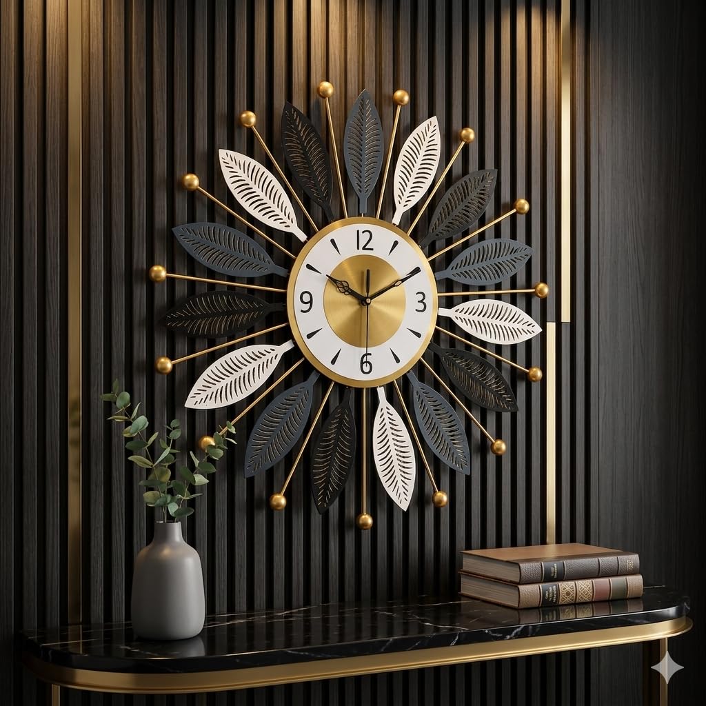 Luxury Metal Sunburst Leaf Wall Clock, Large Decorative Silent Clock, Black, White and Gold, for Living Room, Bedroom, Office