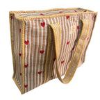 The House of RajPadmini Floral Quilted Cotton Shopping Tote Bag, 16x16 inches, Striped Trim, External Bottle Pocket (Heart Beige (250 GSM Cotton))