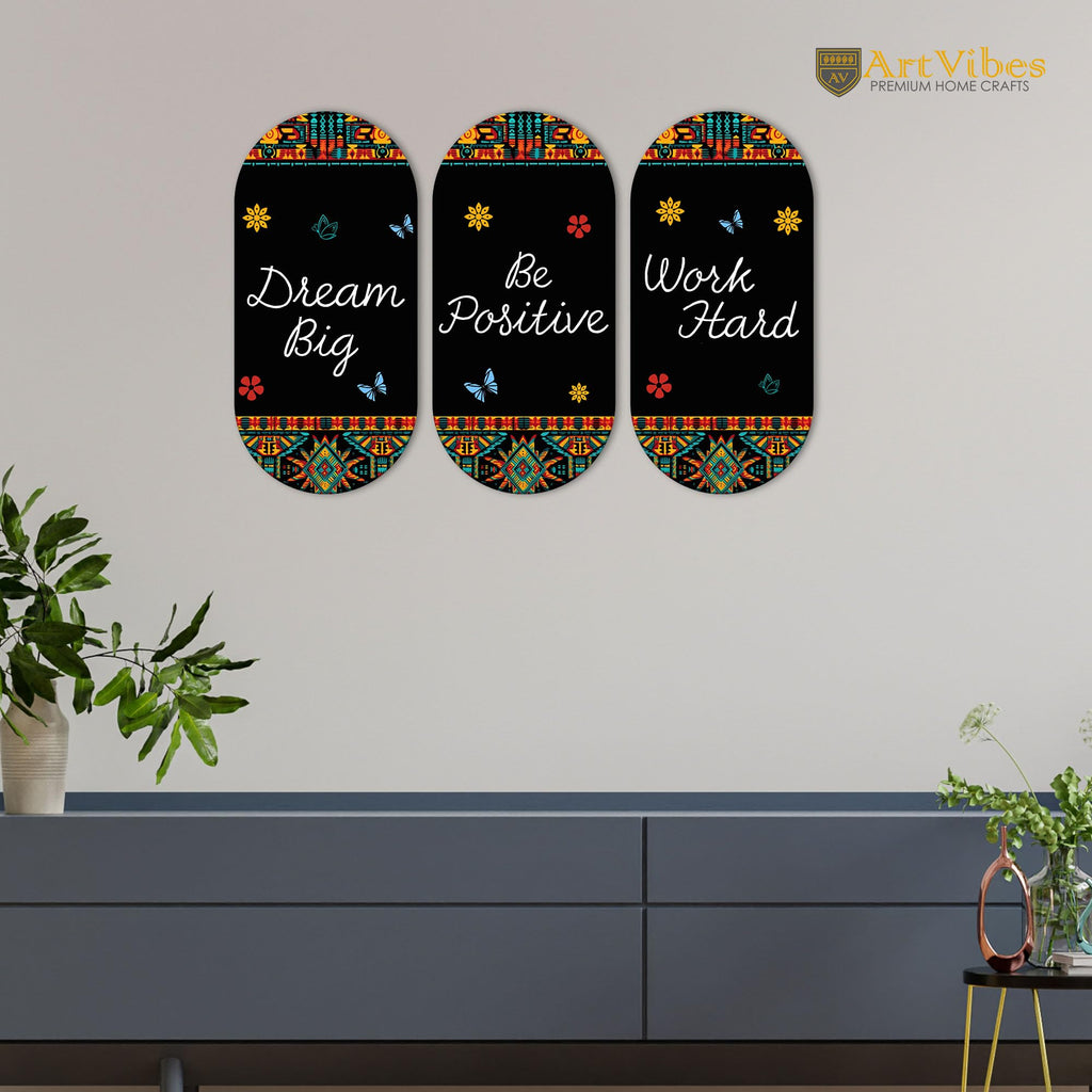 Artvibes Dream Big Positive Quotes Printed Wooden Wall Hanger for Home | Office | Living Room | Gift | Modern Decoration Items | Kitchen Wall Decor | Artworks (WH_9016N), Set of 3