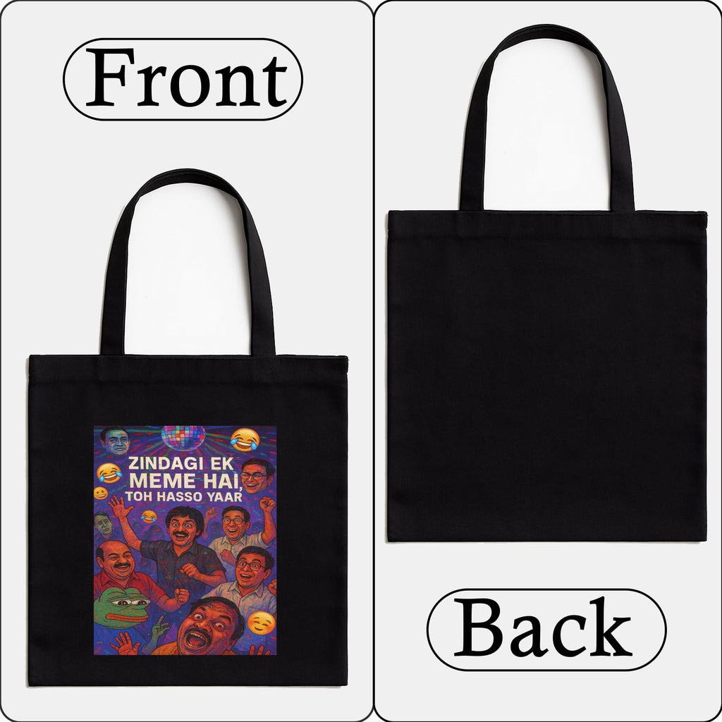 Kirmada Black Cotton Tote Bag | Zindagi Ek Meme Hai Toh Hasso Yaar Design | Funny Desi Meme Tote for College, Shopping & Daily Use | Zipper Closure | Reusable Eco Friendly Gift for Meme Lovers