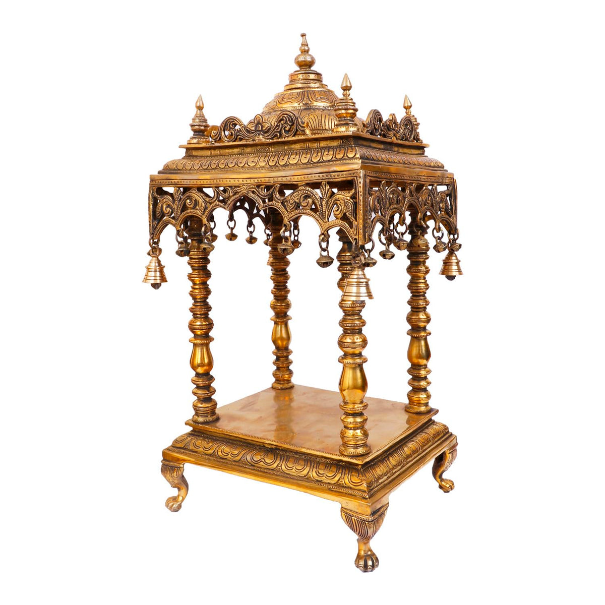 SVARUP Brass Big Temple Mandir Handcrafted Mandir with Hanging Bells for Gods Pooja Home Decor Entrance Height 21 Inch