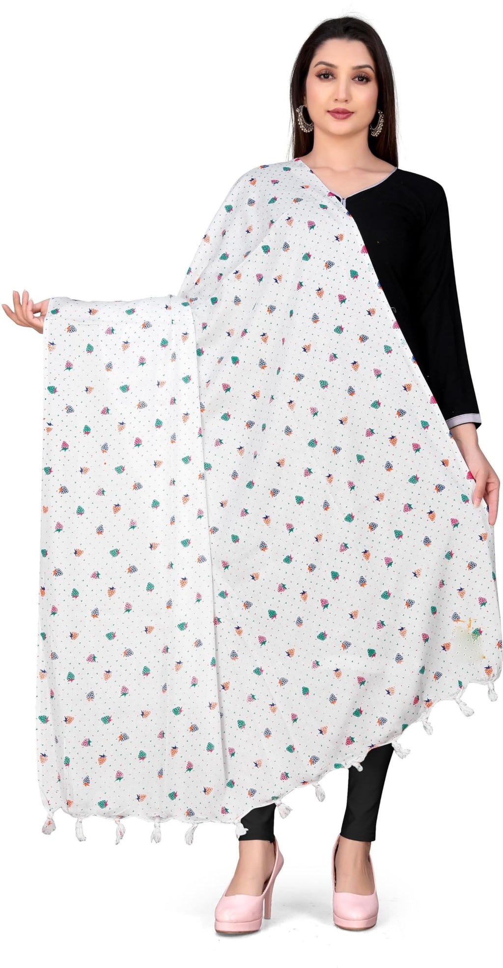 Sclout Soft Cotton Breathable Sun Protection Scarf Dupatta Usable for vehicle Driver | White Printed Design Stoles | Universal Size | For Girl & Women | Light Weight (Stole - Strawberry)