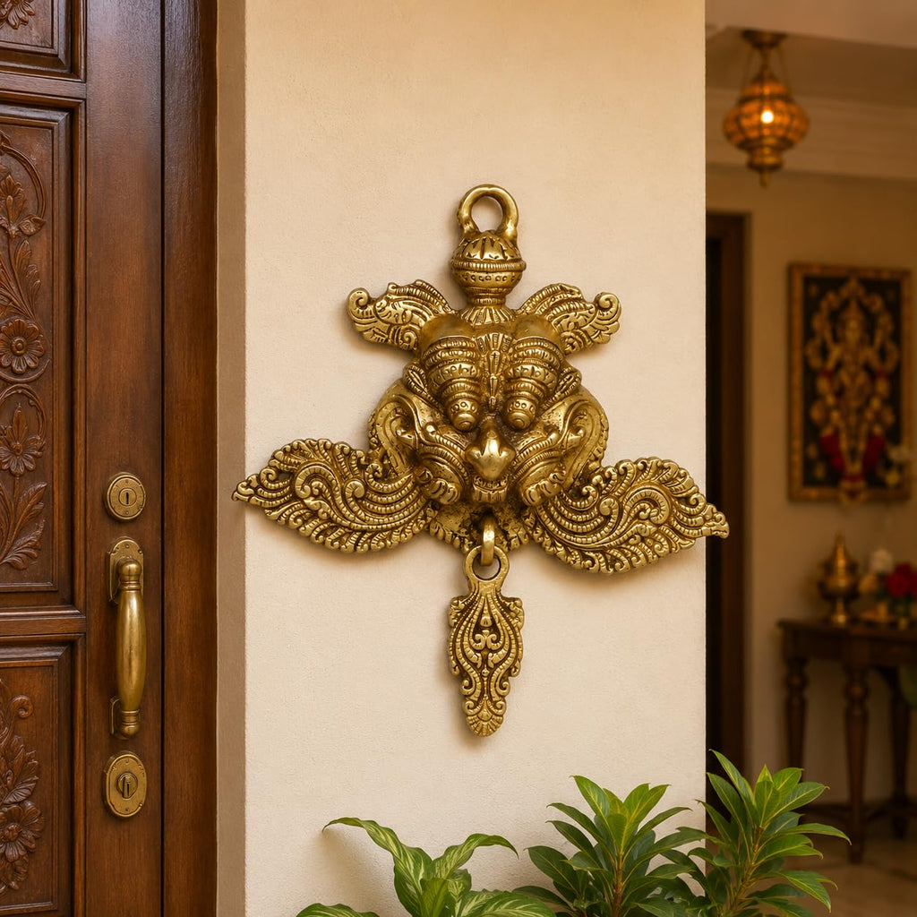 ARTSARA 100% Pure Brass Yali Face Kirtimukha Nazar Battu Door Knocker Wall Hanging Evil Eye Protector for Home 8 Inch Gold