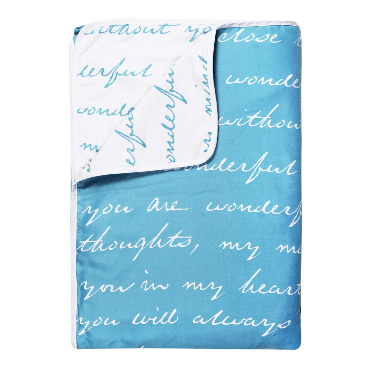 Divine Casa 120 GSM Microfiber Single Dohar | Soft & Lightweight Throw Blanket | Cozy & Breathable | All-Season Comfort | 210 x 140 CM | Typographic Pattern | Sky Blue & White Kafalo