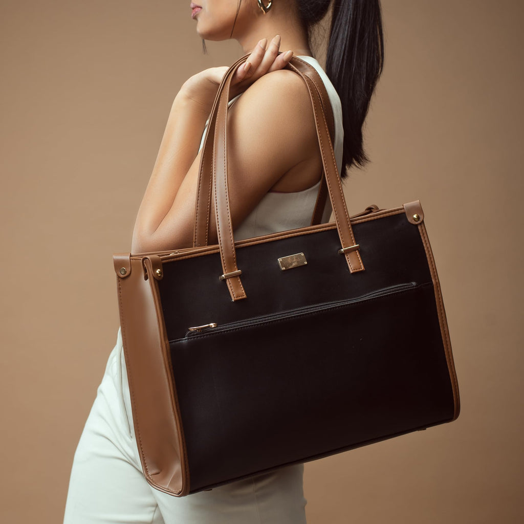 Strokes by Namrata Mehta Box Tote Bag for Women | Fits 16 Laptop | Large Tote Bag For Office Use and Work | Vegan Leather (Charcoal Caramel)