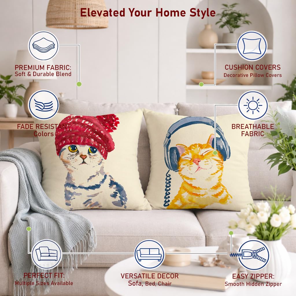 STITCHNEST Set of 2 Jute Cushion Covers – 12x12 Inches – Cute Cat in Beanie & Headphone Cat Prints – Designer Decorative Pillow Covers for Sofa, Living Room & Bedroom | Perfect for Home Decor
