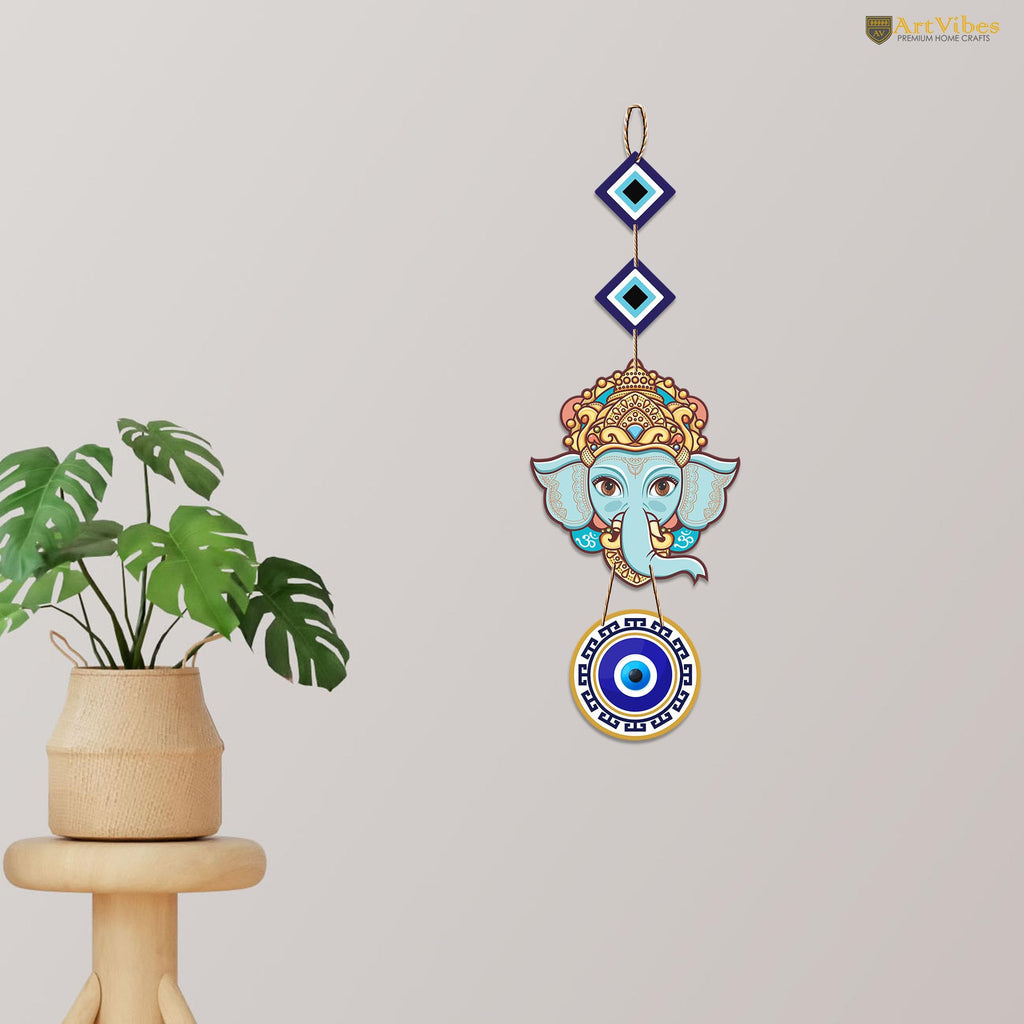 Artvibes Shri Ganesha with Evil Eye Wooden Wall Hanging For Good Fortune For Home Decoration | Livingroom | Spiritual Decor Items | Wall Illustrations | Ethnic Wall Decor | Wall Art Print (WH_8512N)