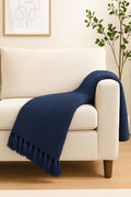 Wisdom Decor Waffle Knit Throw Blanket with Tassels for Sofa & Bed for All Seasons – Lightweight Decorative Cozy Blanket for Living Room & Bedroom (127x152 cm) (Navy Blue) Kafalo
