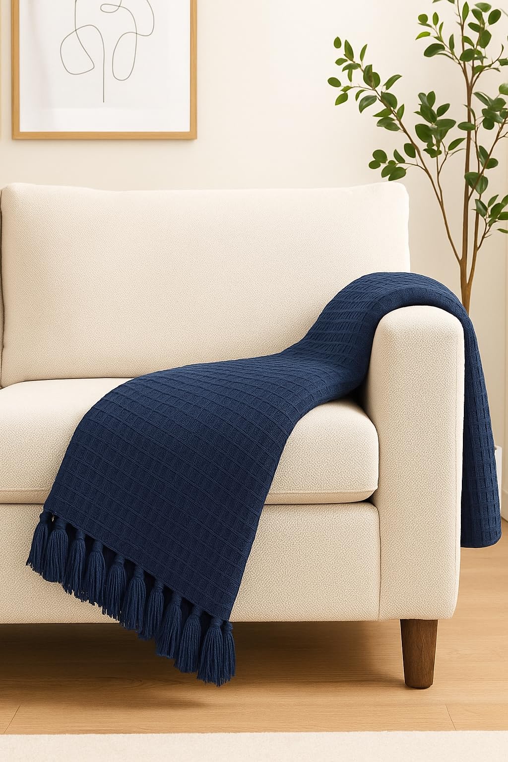 Wisdom Decor Waffle Knit Throw Blanket with Tassels for Sofa & Bed for All Seasons – Lightweight Decorative Cozy Blanket for Living Room & Bedroom (127x152 cm) (Navy Blue) Kafalo
