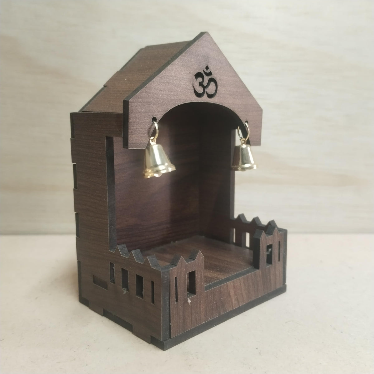 Mini Pooja Mandir Temple, Acrylic, Traditional Indian Style, with Om and Lotus Mandala, for Car, Office Desk and Home (1, Wooden)