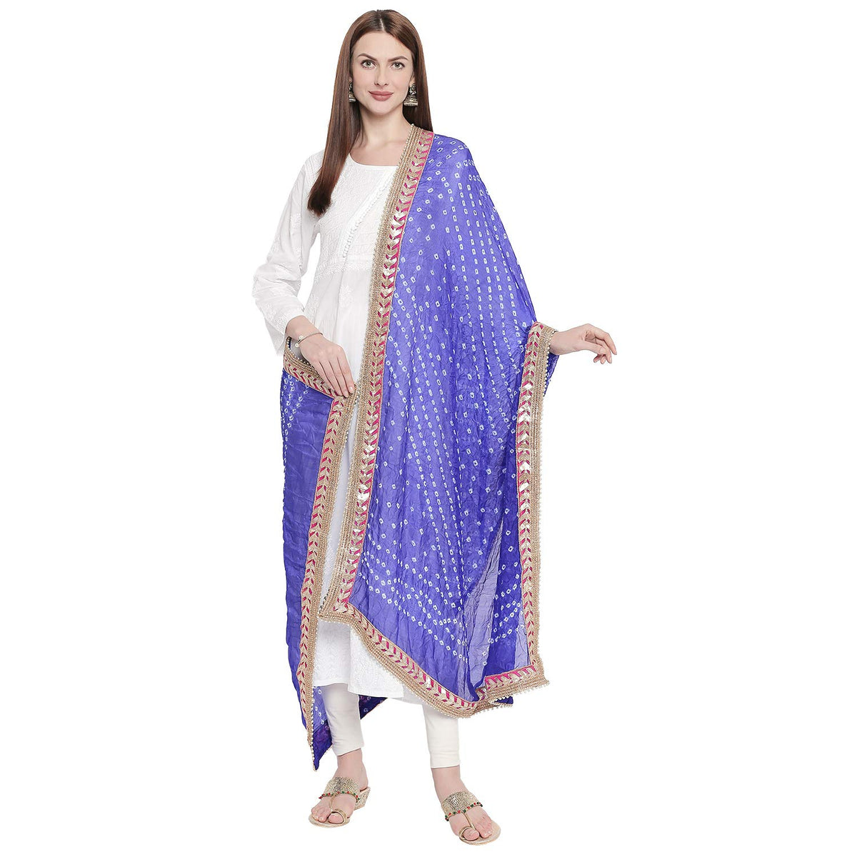 DUPATTA BAZAAR Woman's Royal Blue Bandhini Silk dupatta with Gotta Patti Border.