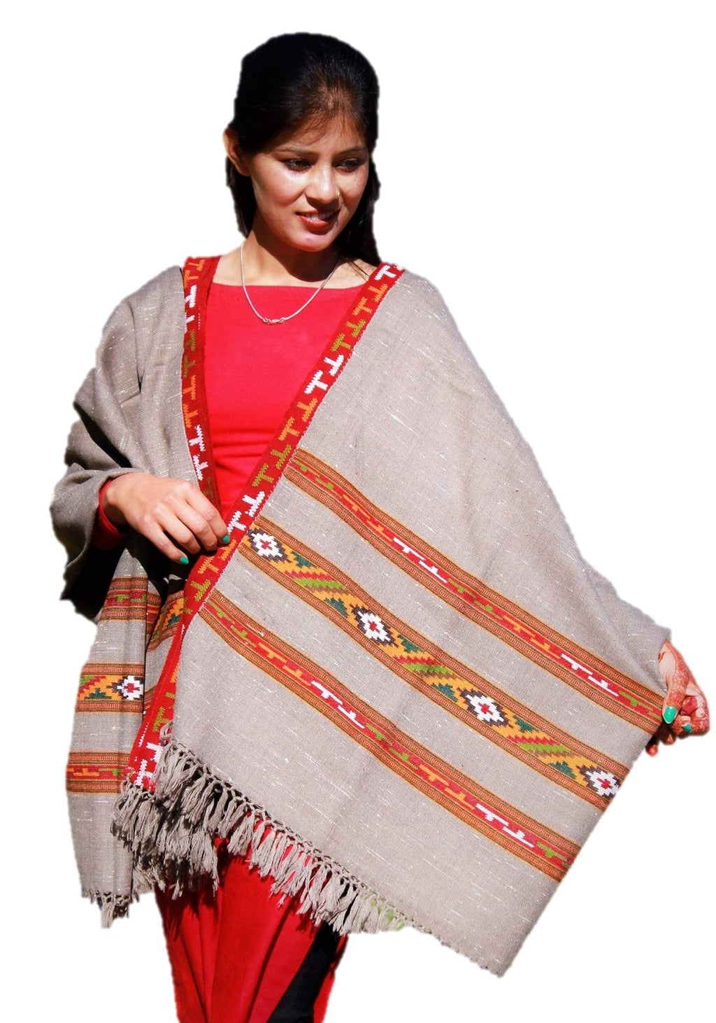 HImalayanKraft Hand Woven Kullu Handloom Pure Woolen Shawl Grey Colored with Beautiful Kullu Weaving 3 Patti Designed for Women and Girls.