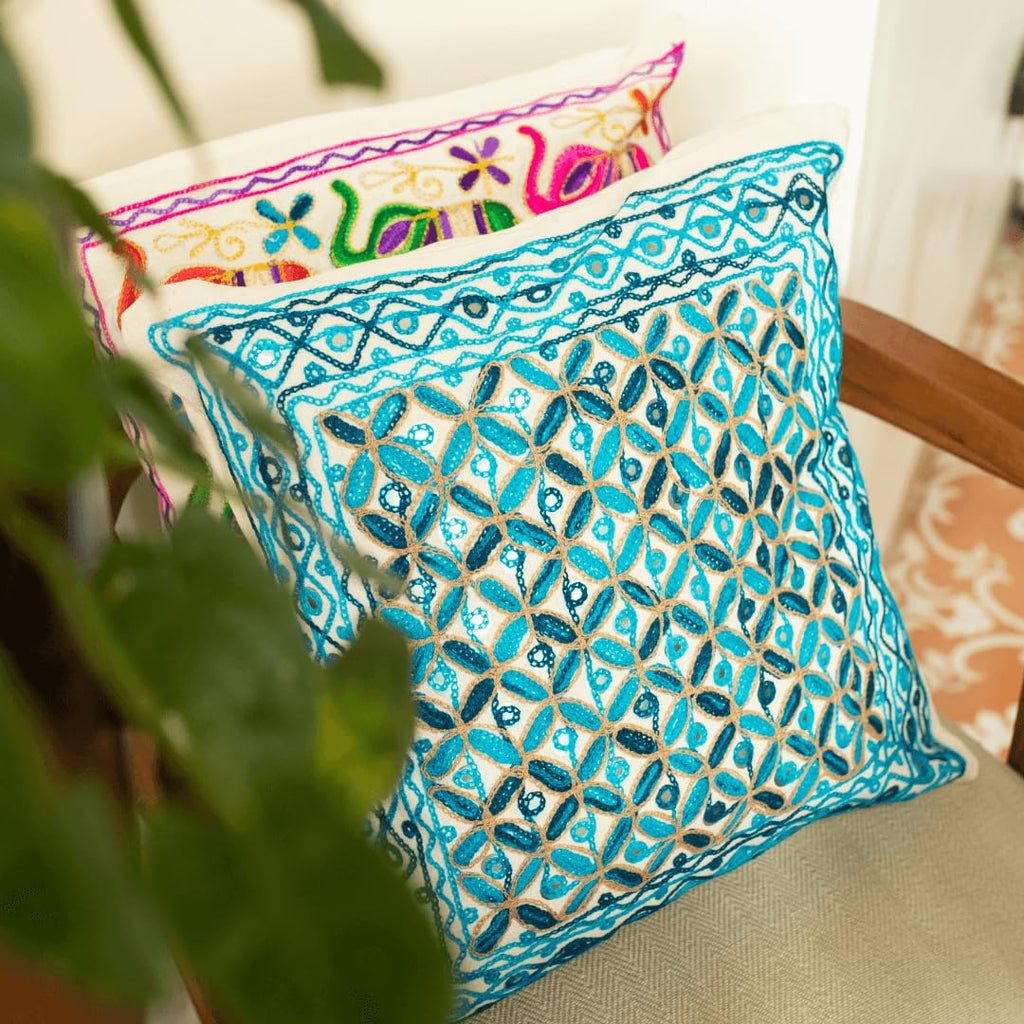 ATRANGI STUDIO Embroidered Cushion Covers - Set of 2 | Traditional Aari Embroidery | Threadwork Throw Pillow Covers with Zip Closure | Perfect for Sofa, Bed, Chair | 16x16 Inch, Blue