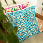 ATRANGI STUDIO Embroidered Cushion Covers - Set of 2 | Traditional Aari Embroidery | Threadwork Throw Pillow Covers with Zip Closure | Perfect for Sofa, Bed, Chair | 16x16 Inch, Blue