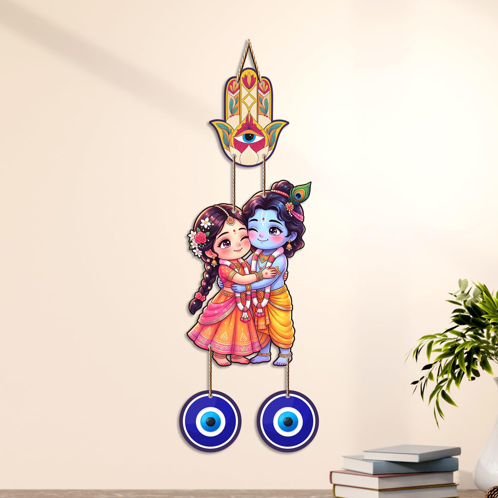 Artvibes Cute Radha Krishna Nazar Battu Wall Hanging for Main Door Entrance | Evil Eye Protection Decor for Home Temple Bedroom Office | Positive Energy Gift Item (WH_8579N)