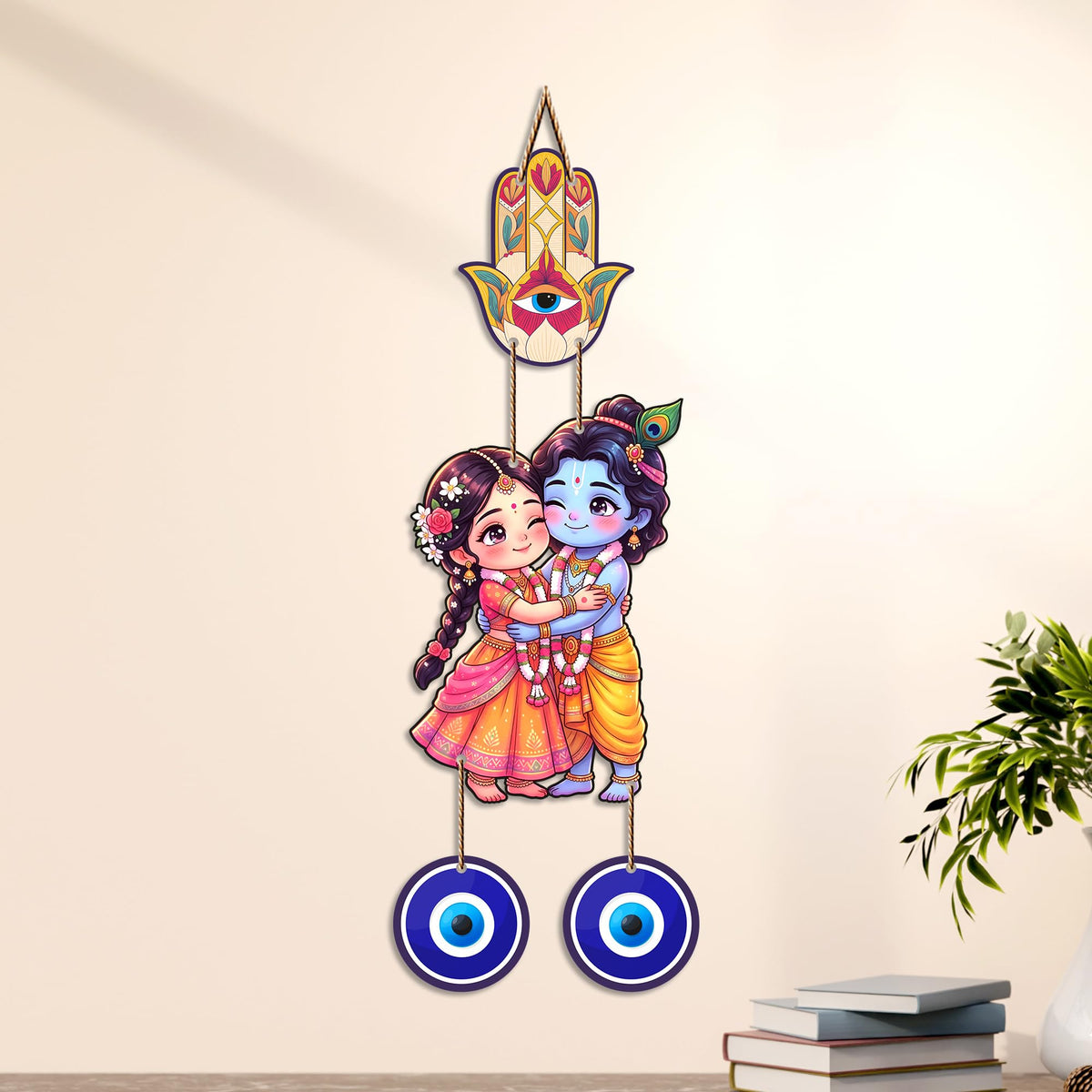 Artvibes Cute Radha Krishna Nazar Battu Wall Hanging for Main Door Entrance | Evil Eye Protection Decor for Home Temple Bedroom Office | Positive Energy Gift Item (WH_8579N)