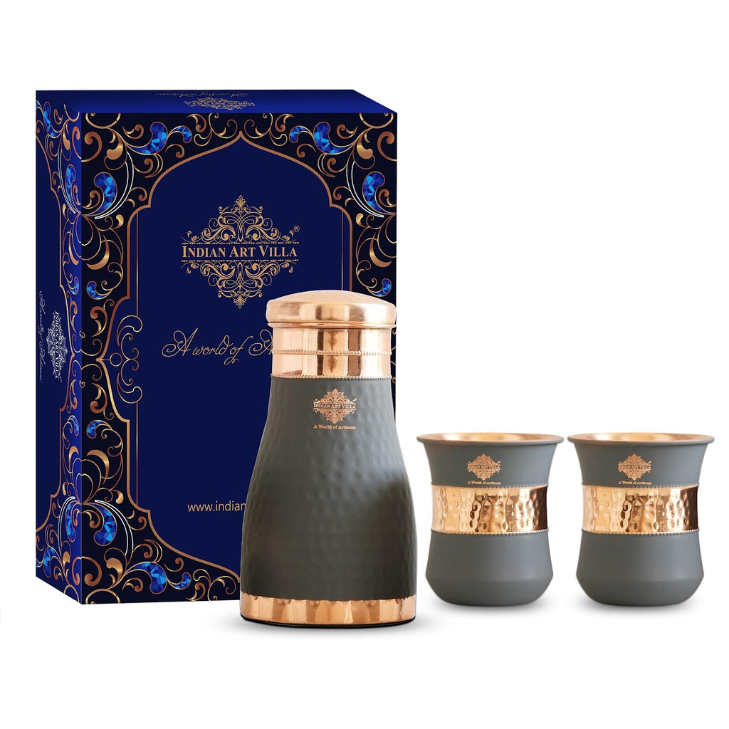 INDIAN ART VILLA Copper Bedroom Bottle & Glass Set - Grey Silk Finish, 1100 ml - Elegant Drinkware Gift Set