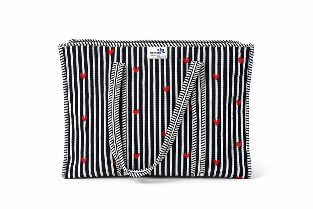 NAYASHI Big Size Quilted Cotton Tote Bag | Black & White Vertical Stripes Print | Inner Pocket & Heavy Metal Zipper | Reusable Shoulder Bag for Shopping, Office & Travel | 18 x 18 Inches