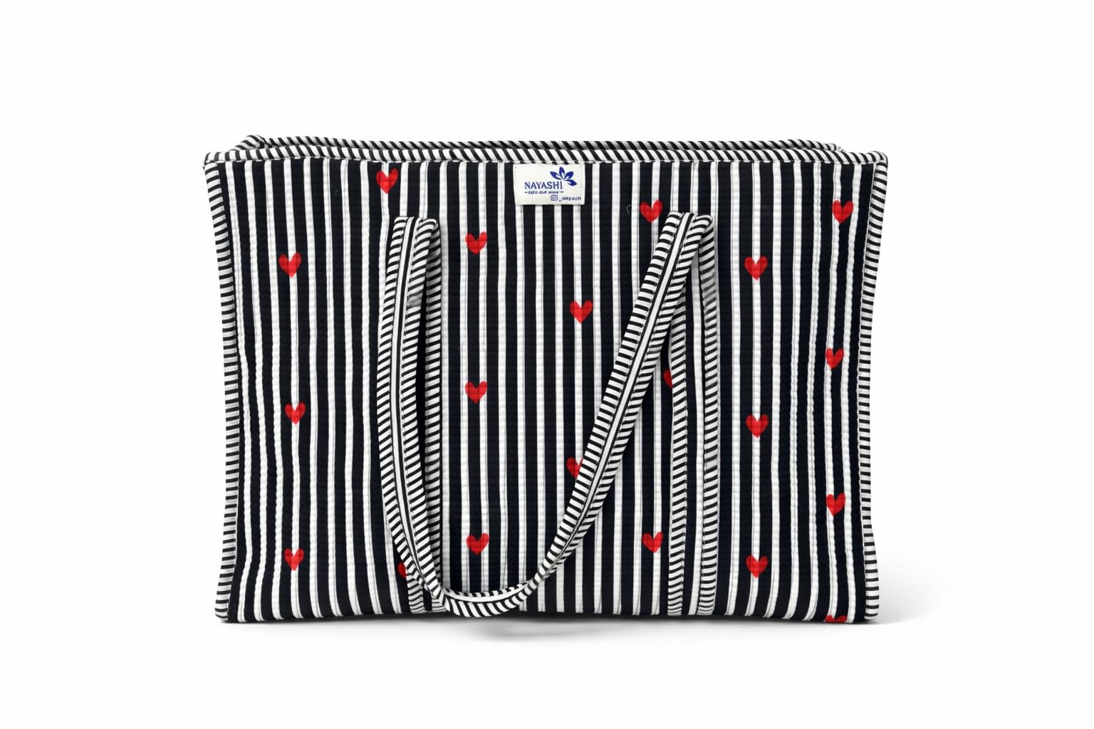 NAYASHI Big Size Quilted Cotton Tote Bag | Black & White Vertical Stripes Print | Inner Pocket & Heavy Metal Zipper | Reusable Shoulder Bag for Shopping, Office & Travel | 18 x 18 Inches