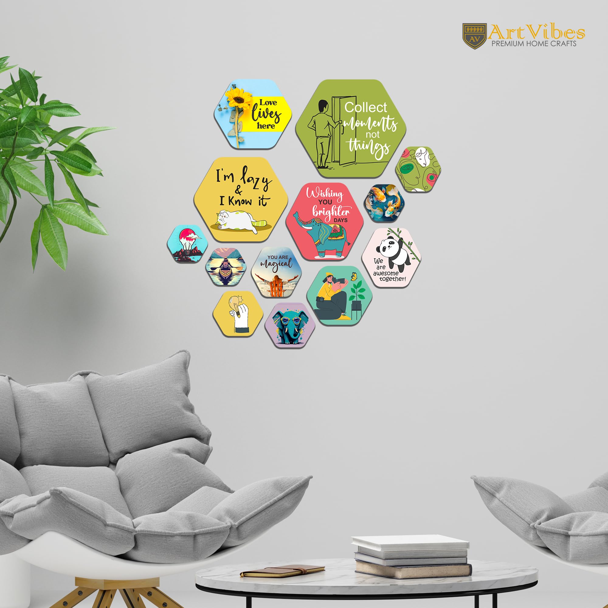 Artvibes Collect Moments Not Things Decorative Hexagon Shape MDF Wooden Wall Hanging | Quotes Decor Item | Wall Accent | Office Decor | Mdf Wall Decoration | Gift Items (WPS_206NN), Set of 13