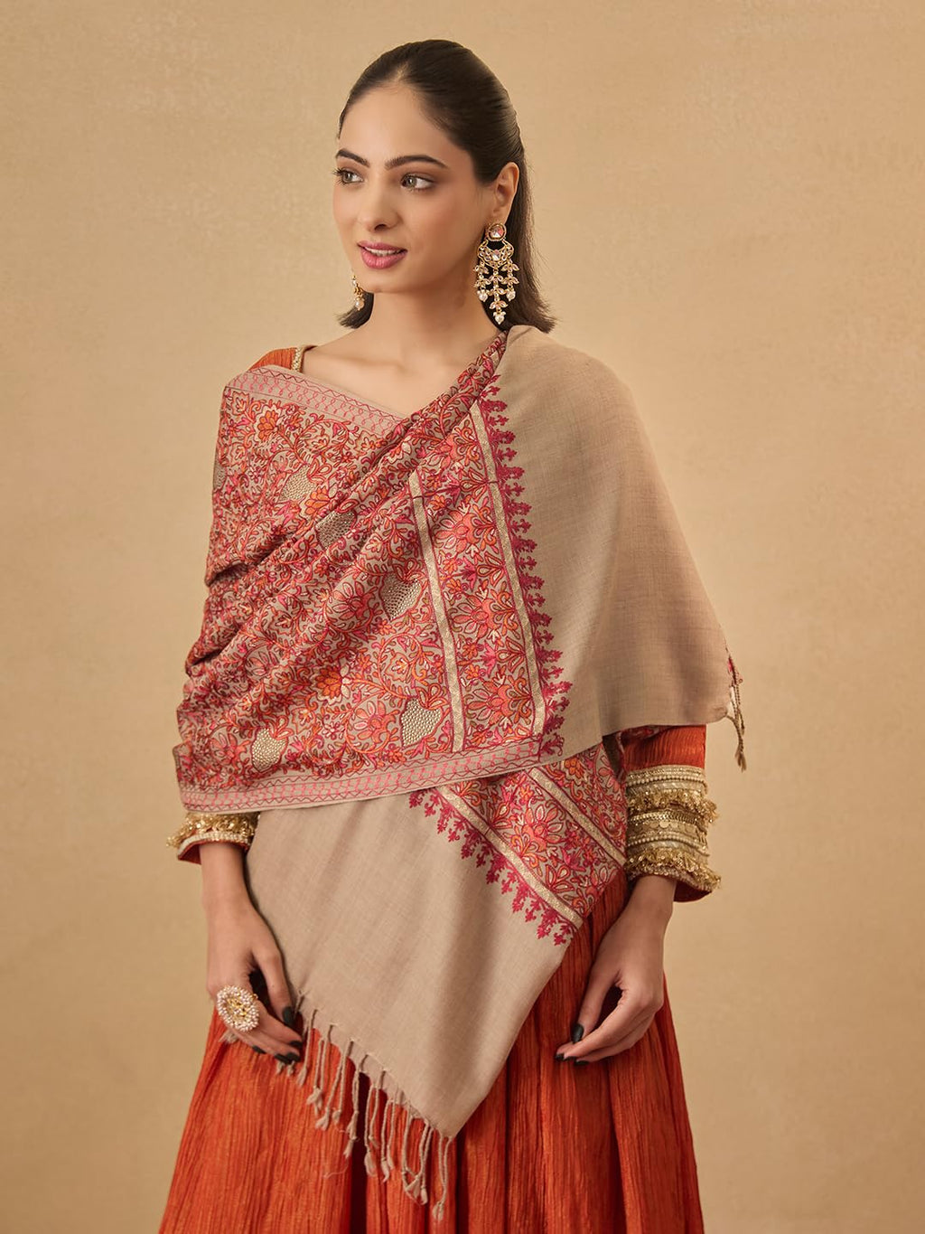 Pashmoda Women Hunar Fine Wool Nalki Embroidered Stole (Size : 28x80in, 71X203cm) EMST02