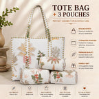 MITTICO Quilted Tote Bag with Matching Pouch Set for Women – Large Cotton Shoulder Handbag with Zipper | Lightweight Multipurpose Travel, Office & Everyday Tote Bag | White Floral Print
