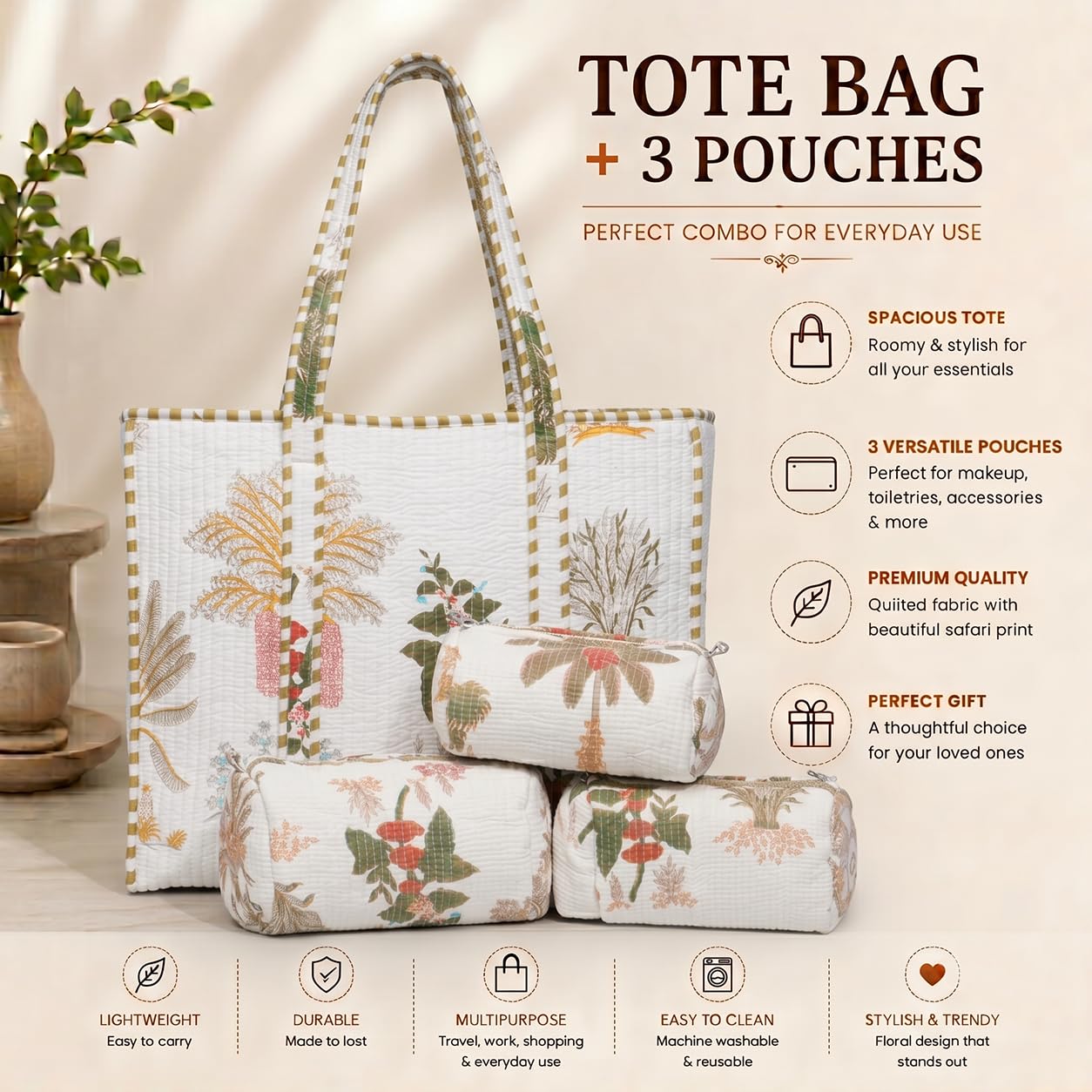 MITTICO Quilted Tote Bag with Matching Pouch Set for Women – Large Cotton Shoulder Handbag with Zipper | Lightweight Multipurpose Travel, Office & Everyday Tote Bag | White Floral Print