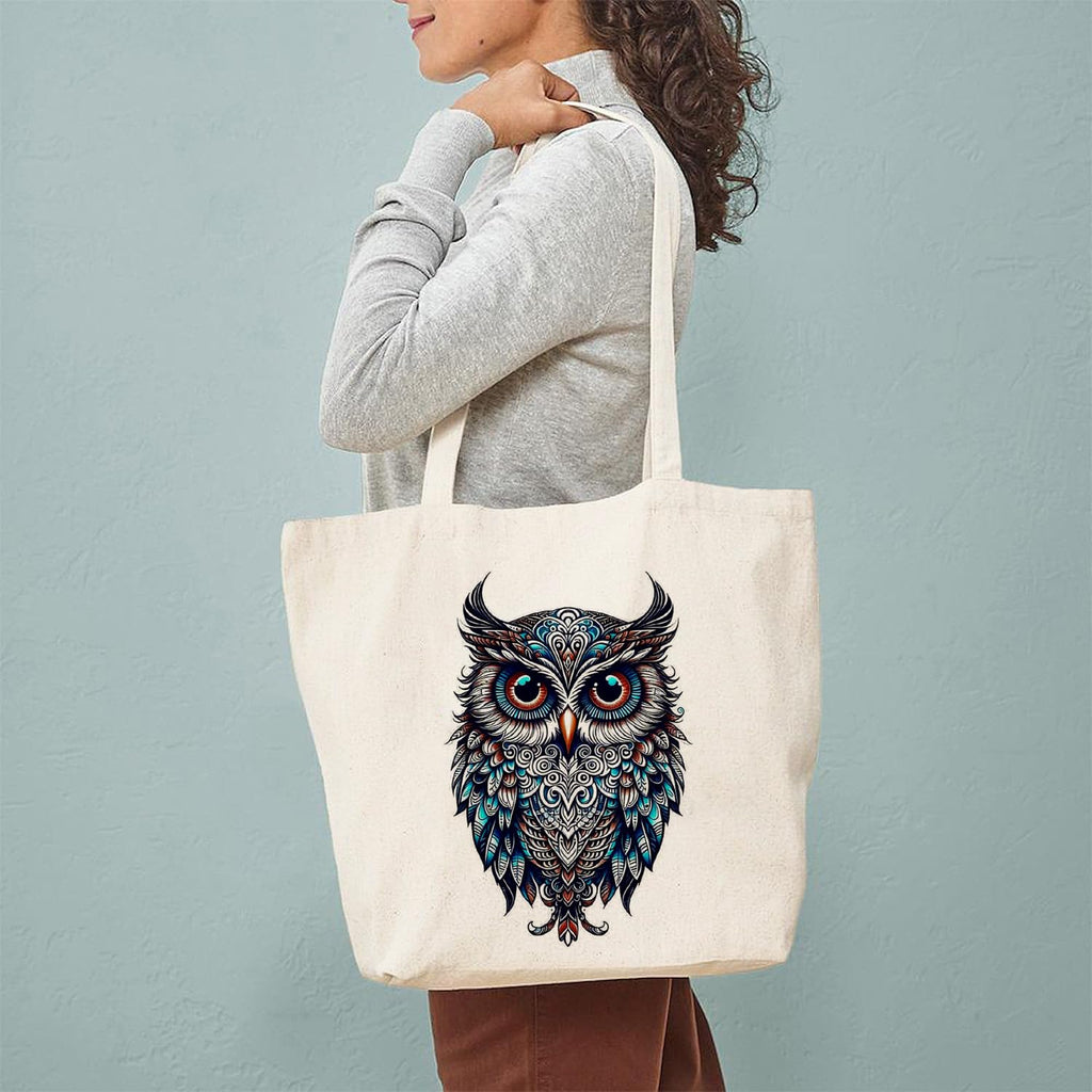 Heu Owl Printed Canvas Tote Bag | Eco-Friendly Reusable Cotton Shoulder Bag | Artistic Bird Design Shopping Tote for Women & Men