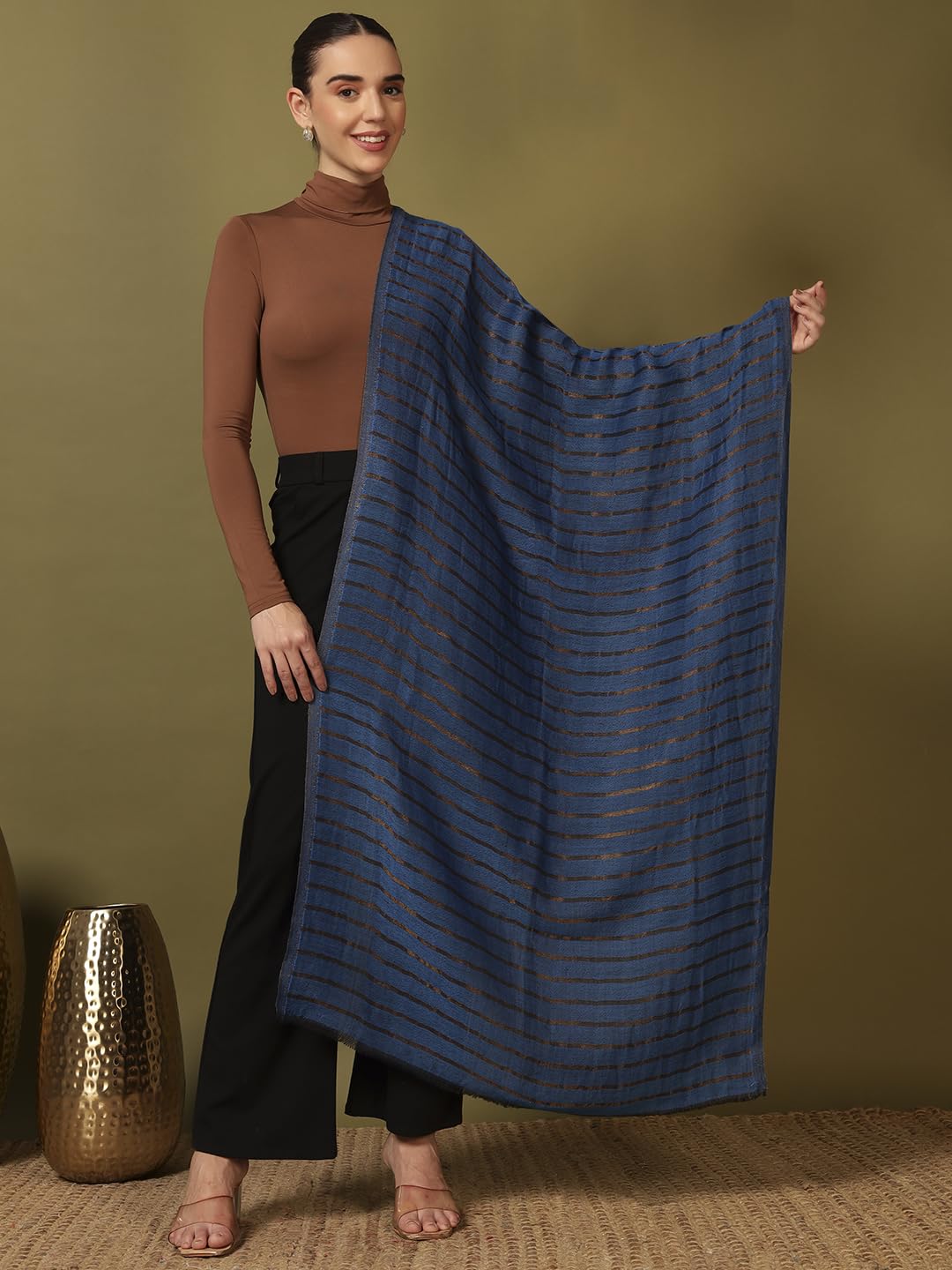 Pashmoda Women Golden Mirage Reversible Zari Moonlight Fine Wool Stole (Size : 28x80in, 71X203cm) ZSST05