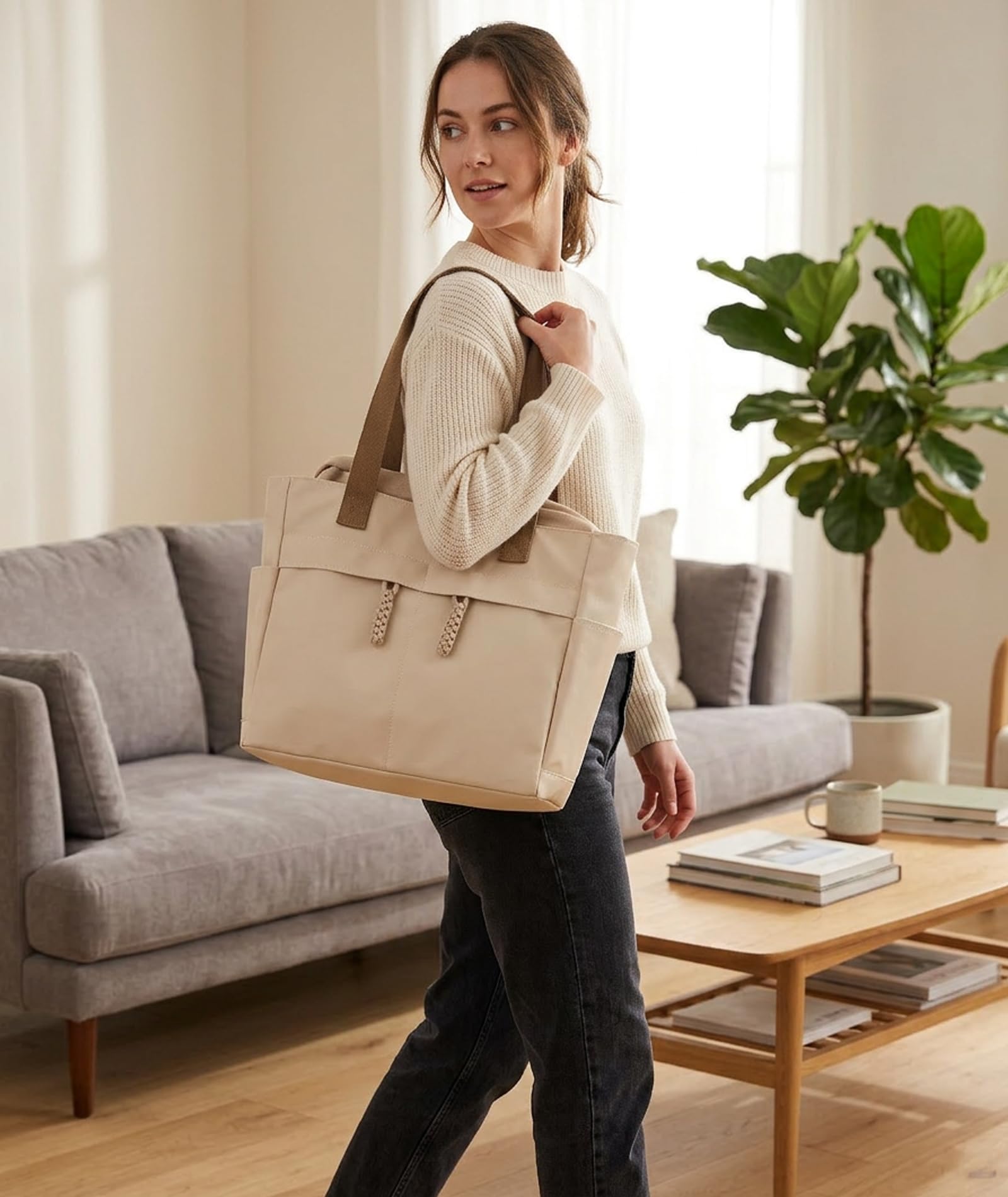 KSAIBINID College Tote Bag for Women, Japanese Style Minimalist White Shoulder Handbag for Daily Commute and Shopping, Casual Purse for Girls
