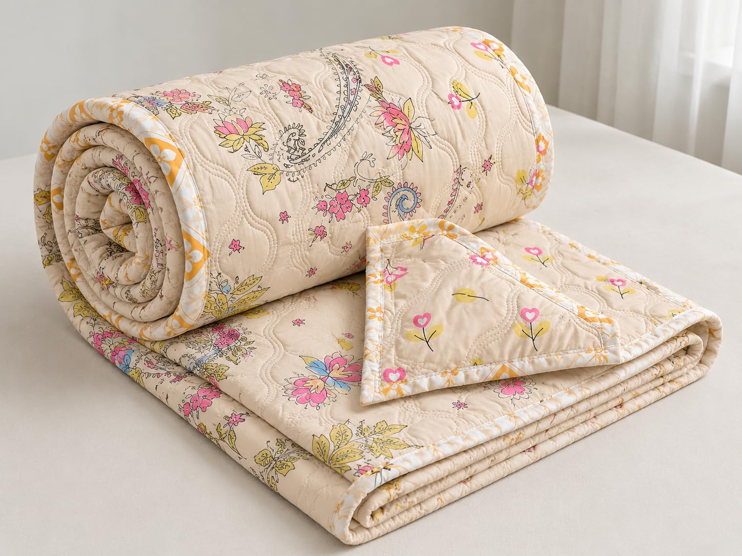NAYU Cotton Dohar for Single Bed (60x90 Inch) | 150 GSM AC Comforter & Cooling Quilt | Classic Printed Lightweight Reversible Summer Blanket (Cream) Kafalo
