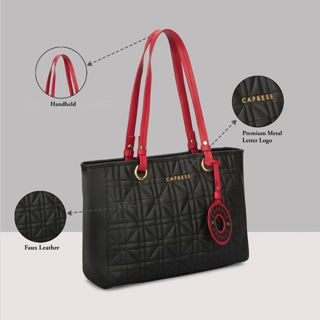 Caprese Aimee Medium Quilted Faux Leather Tote Bag for Women | Multi-Compartment Zippered Shoulder Handbag with Detachable Charm | Perfect for Work, Travel & Shopping (Black)
