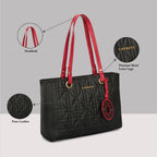 Caprese Aimee Medium Quilted Faux Leather Tote Bag for Women | Multi-Compartment Zippered Shoulder Handbag with Detachable Charm | Perfect for Work, Travel & Shopping (Black)