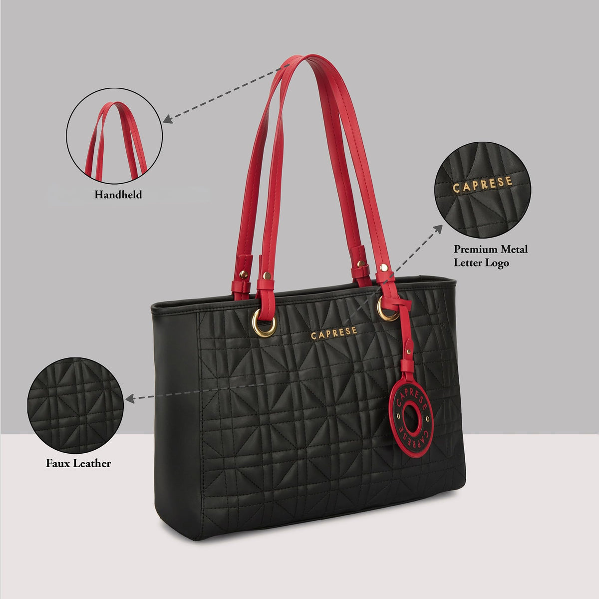 Caprese Aimee Medium Quilted Faux Leather Tote Bag for Women | Multi-Compartment Zippered Shoulder Handbag with Detachable Charm | Perfect for Work, Travel & Shopping (Black)